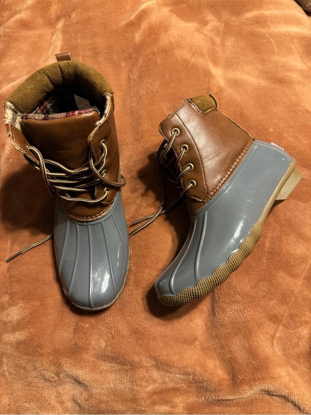 Brown Leather and Gray Duck Boots - Lace-Up Winter Boots